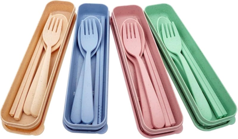 4-Piece Eco-Friendly Wheat Straw Cutlery Set with Portable Storage Box Lightweight Utensils for Travel Office School Picnic